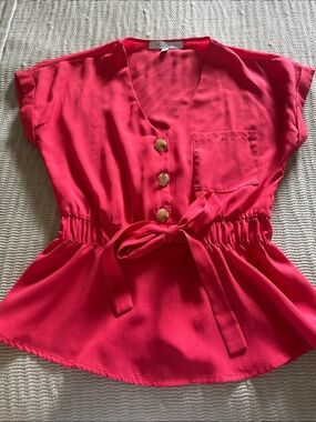 Sweet Rain Women’s Bright Pink Button-Front Tie-Waist Top